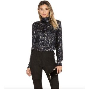 Revolve MLV Aurora Black Embellished Sequins Zippered Mock Neck Top Size Medium
